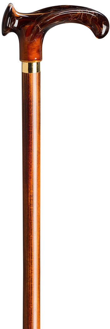 Bastón con empuñadura anatómica de acetato color ambar. Palo madera haya color cereza. Contera goma.