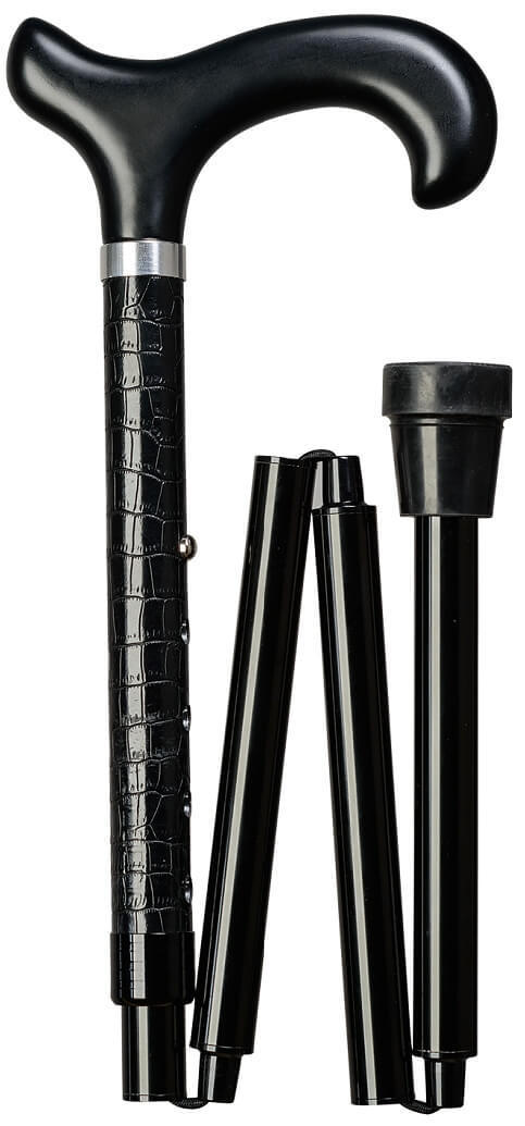 Bastón plegable con elegante serraje negro mate. Regulable en altura de 85 a 96 cm. Contera goma.