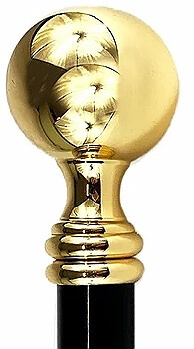 Bastón ceremonia con esfera brillante bañada en oro. Palo madera lacado negro. Contera goma