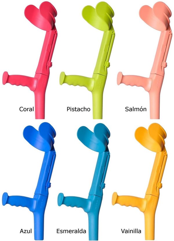 Muletas de colores para niños en 6 colores. Codo (5 posiciones) y caña (9 posiciones) regulables.