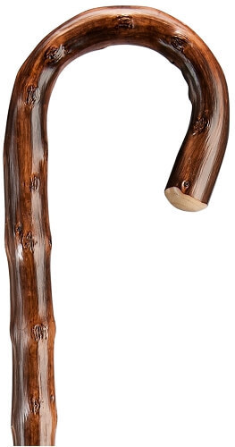 Bastón curvo de senderismo en madera de castaño Congo, de 1 sola pieza. Contera pincho niquelada.