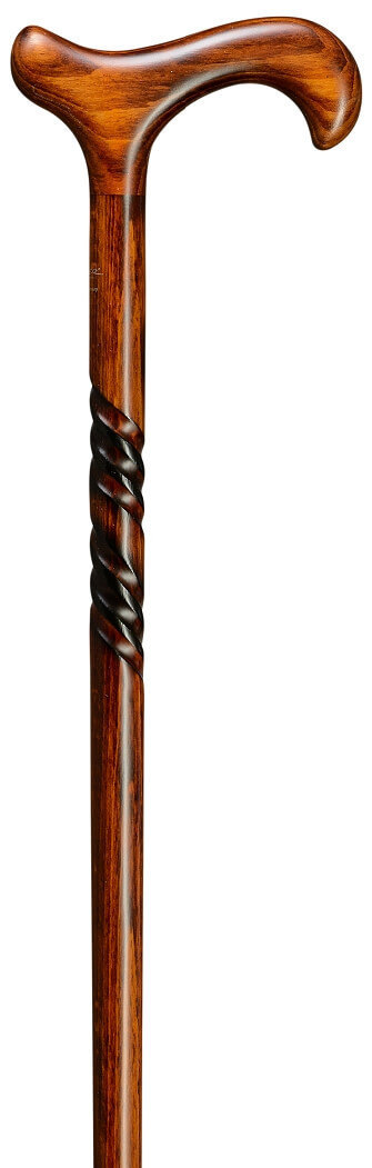 Bastón delgado en madera de haya con flamas color cereza y decoración espiral. Contera de goma.