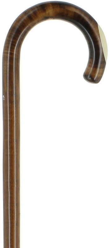 Bastón curva madera de arce de 1 sola pieza, flameado oscuro con aplique de hueso. Contera de goma.