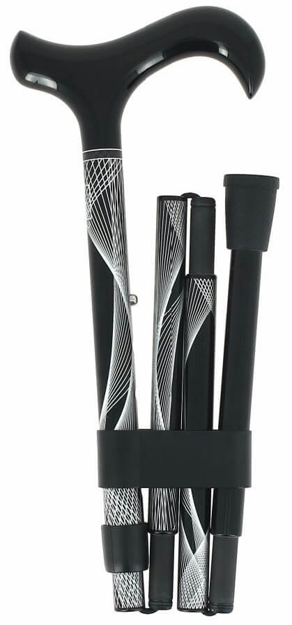 Bastón plegable fibra carbono negro y plata. Ajustable 84 a 94 cm. Peso máx. 115 Kg. Contera goma.