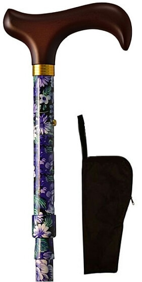 Bastón plegable estampado violeta con flores blancas. Puño de madera. Plegado 24 cm. Contera goma.