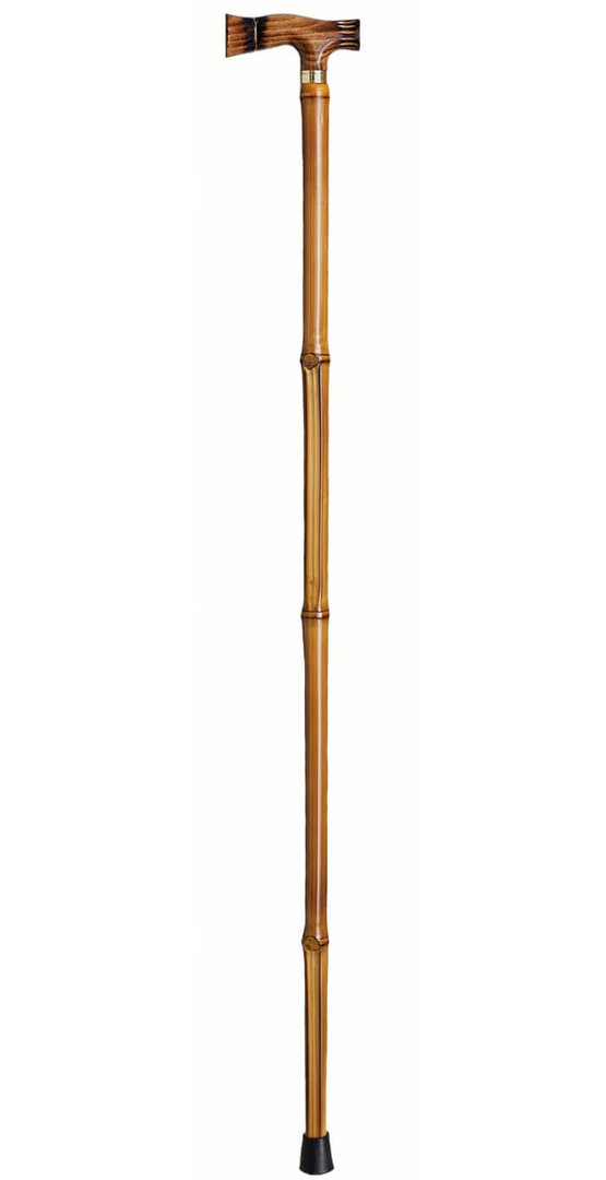 Bastón puño de madera tallado y palo de bambú. Contera de goma.