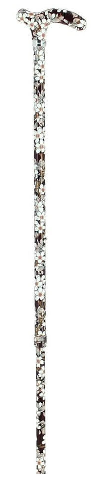 Bastón extensible de aluminio estampado total con flores. Ajustable de: 75 a 98 cm. Contera de goma.