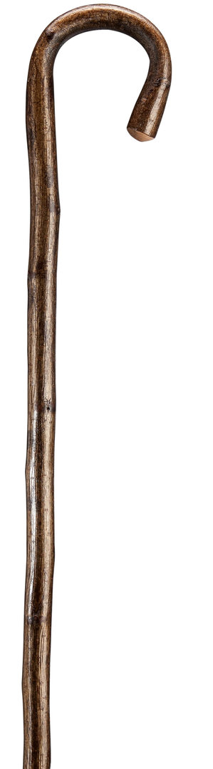 Bastón curvo rústico de senderismo en madera de avellano con corteza. Puntera pincho niquelado.