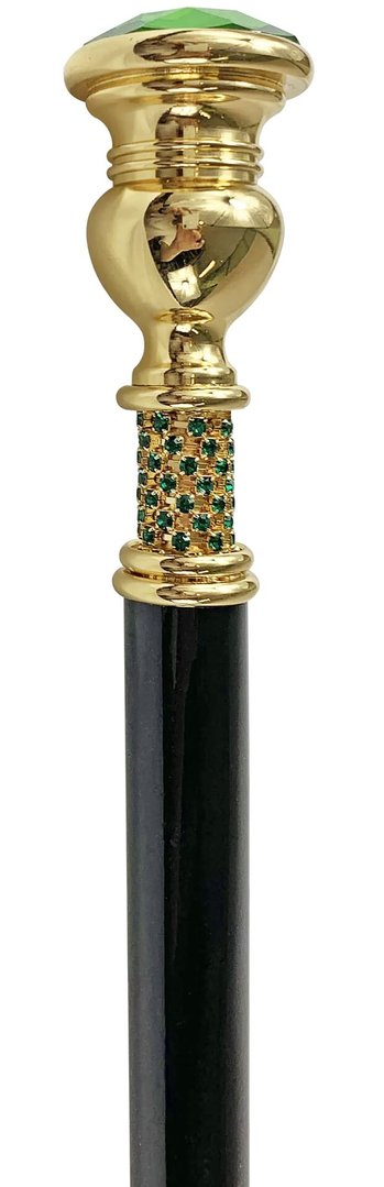 Bastón Milord de ceremonia chapado oro 24 K. Con gran cristal color esmeralda. Palo lacado negro.