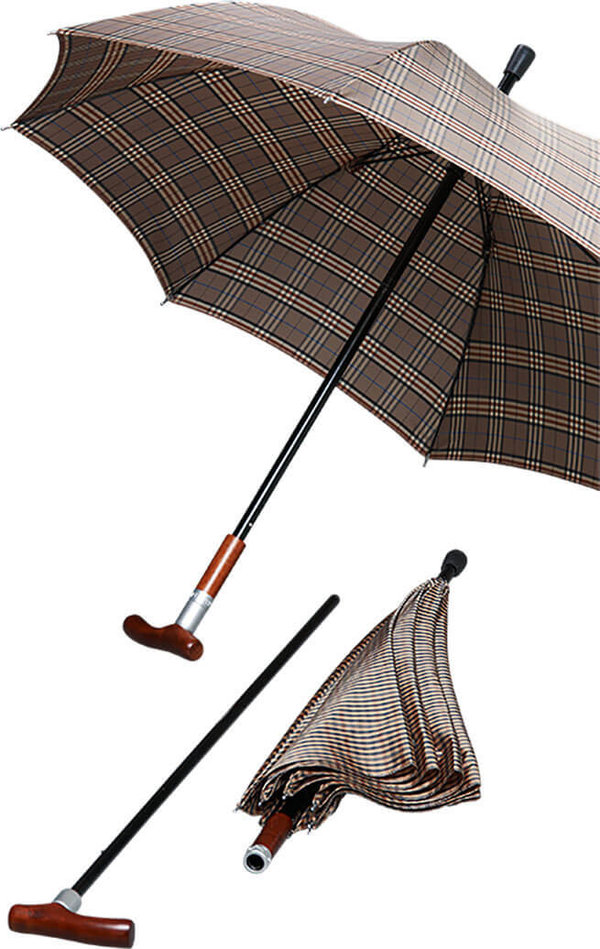 Bastón paraguas. Es a la vez, un bastón y también un paraguas. Contera de goma con inserto de acero.