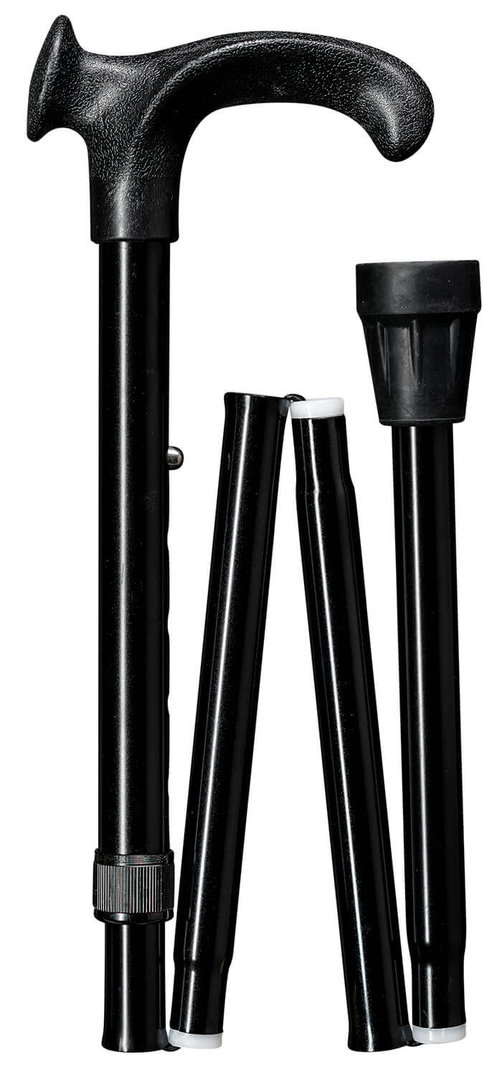 Bastón plegable negro de aluminio brillante con empuñadura anatómica, mano derecha o izquierda.